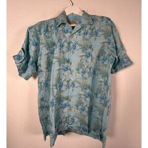 Tommy Bahama Mens Button Up Floral Hawaiian Shirt Medium Blue Green 100% Linen